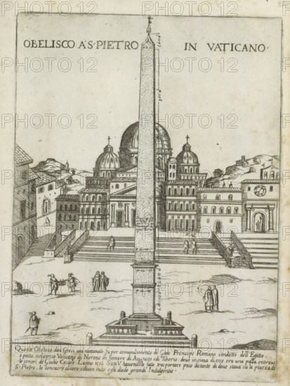 Vatican Obelisk, Obelisco a S. Pietro in Vaticano, Modern and ancient monuments and buildings in Rome, Ornamenti di fabriche antichi et moderni dell' alma citta di Roma, print, album page, The Vatican Obelisk in St. Peter's Square in Vatican City. In the background St. Peter's Basilica. Italian text in bottom margin. Print is part of an album., number: '45', printmaker: Giovanni Maggi, Rome, after drawing by Giovanni Maggi, publisher: Andrea Vaccari, Italy, grantor of privilege: Papal Court, Vatican City, dedicated by: Andrea Vaccari, dedicated to: Amerigo Capponi, 1576 - 1618, 1600, Giovanni Maggi, Andrea Vaccari, Papal Court, Amerigo Capponi, printmaker, after drawing by, publisher, grantor of privilege, paper, etching, height 215 mm x width 155 mm, This print is part of a series of 20 prints (title print)., square, circus, church (exterior), obelisk, needle, St. Peter's Basilica, St. Peter's Square, A tall obelisk stands at the center of an open square, rising from a multi-tiered ba...