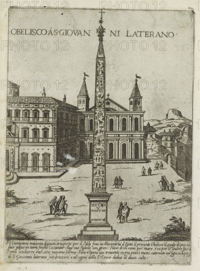 Obelisco a S. Giovanni Laterano, Lateran Obelisk behind St. John Lateran in Rome, Ornamenti di fabriche antichi et moderni dell' alma citta di Roma, Modern and ancient monuments and buildings in Rome, print, album page, View of the Lateran in Rome with the rear of the Basilica of St. John Lateran, the Lateran Palace, the Lateran Baptistery and the Lateran Obelisk. Text in Italian in bottom margin., number: '46', printmaker: Giovanni Maggi, Rome, after drawing by Giovanni Maggi, publisher: Andrea Vaccari, Italy, grantor of privilege: Papal Court, Vatican City, dedicated by: Andrea Vaccari, dedicated to: Amerigo Capponi, 1576 - 1618, 1600, Giovanni Maggi, Andrea Vaccari, Papal Court, Amerigo Capponi, printmaker, after drawing by, publisher, grantor of privilege, paper, etching, height 215 mm x width 155 mm, This print is part of a series of 20 prints (title print)., square, circus, church (exterior), obelisk, needle, St. John Lateran, Lateran Palace, Piazza di San Giovanni in Laterano, L...
