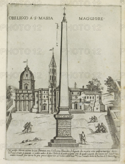 Obelisco a S. Maria Maggiore, Obelisk in front of Santa Maria Maggiore, Modern and ancient monuments and buildings in Rome, Ornamenti di fabriche antichi et moderni dell' alma citta di Roma, print, album page, The Colonna della Pace (obelisk) in the Piazza di Santa Maria Maggiore in front of Santa Maria Maggiore in Rome. Italian text in bottom margin. Print is part of an album., number: '46', printmaker: Giovanni Maggi, Rome, after drawing by Giovanni Maggi, publisher: Andrea Vaccari, Italy, grantor of privilege: Papal Court, Vatican City, dedicated by: Andrea Vaccari, dedicated to: Amerigo Capponi, 1576 - 1618, 1600, Giovanni Maggi, Andrea Vaccari, Papal Court, Amerigo Capponi, printmaker, after drawing by, publisher, grantor of privilege, paper, etching, height 215 mm x width 156 mm, This print is part of a series of 20 prints (title print)., church (exterior), obelisk, needle, Santa Maria Maggiore (Rome), Colonna della Pace, Piazza di Santa Maria Maggiore, A tall obelisk stands cent...