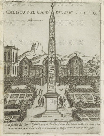 Obelisco nel giard.o del ser.mo GD Di Tosc.a, Egyptian obelisk in the garden of the Villa Medici in Rome, Modern and ancient monuments and buildings in Rome, Ornamenti di fabriche antichi et moderni dell' alma citta di Roma, print, album page, Text in Italian in bottom margin., number: '47', printmaker: Giovanni Maggi, Rome, after drawing by Giovanni Maggi, publisher: Andrea Vaccari, Italy, grantor of privilege: Papal Court, Vatican City, dedicated by: Andrea Vaccari, dedicated to: Amerigo Capponi, 1576 - 1618, 1600, Giovanni Maggi, Andrea Vaccari, Papal Court, Amerigo Capponi, printmaker, after drawing by, publisher, grantor of privilege, paper, etching, height 210 mm x width 156 mm, This print is part of a series of 20 prints (title print)., milestone, Villa Medici (Rome), A tall, narrow obelisk stands centered on a stepped rectangular base within a formal garden, its shaft decorated with a series of carved oval and linear motifs. Symmetrical garden beds with low hedges and planted s...