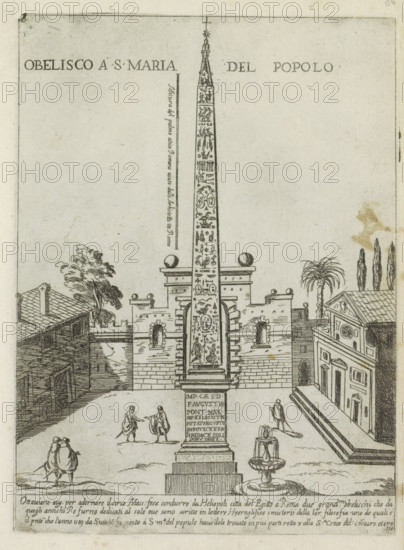 Obelisco a S. Maria del Popolo, The Egyptian obelisk of Ramses II in Piazza del Popolo in Rome, Ornamenti di fabriche antichi et moderni dell' alma citta di Roma, Modern and ancient monuments and buildings in Rome, print, album page, Text in Italian in the lower margin., number: '47', printmaker: Giovanni Maggi, Rome, after drawing by Giovanni Maggi, publisher: Andrea Vaccari, Italy, grantor of privilege: Papal Court, Vatican City, dedicated by: Andrea Vaccari, dedicated to: Amerigo Capponi, 1576 - 1618, 1600, Giovanni Maggi, Andrea Vaccari, Papal Court, Amerigo Capponi, printmaker, after drawing by, publisher, grantor of privilege, paper, etching, height 212 mm x width 155 mm, This print is part of a series of 20 prints (title print)., square, circus, church (exterior), city-gate, obelisk, needle, Piazza del Popolo, Santa Maria del Popolo, Porta del Popolo, A tall, narrow obelisk with carved decorative panels stands on a stepped pedestal in a paved square, flanked by a low stone wall ...