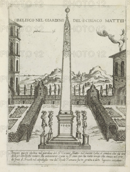 Obelisk in the garden of Ciriaco Mattei, Obelisco nel giardino del S ciriaco Mattei, Ornamenti di fabriche antichi et moderni dell' alma citta di Roma, Modern and ancient monuments and buildings in Rome, print, album page, The Egyptian obelisk in the garden of Ciriaco Mattei in Rome. Italian text in bottom margin. Print is part of an album., number: '48', printmaker: Giovanni Maggi, Rome, after drawing by Giovanni Maggi, publisher: Andrea Vaccari, Italy, grantor of privilege: Papal Court, Vatican City, dedicated by: Andrea Vaccari, dedicated to: Amerigo Capponi, 1576 - 1618, 1600, Giovanni Maggi, Andrea Vaccari, Papal Court, Amerigo Capponi, printmaker, after drawing by, publisher, grantor of privilege, paper, etching, height 215 mm x width 158 mm, This print is part of a series of 20 prints (title print)., garden, obelisk, needle, A tall, narrow obelisk stands on a stepped pedestal in the center of a formal garden, flanked by pairs of twisted statues on individual plinths. Long, ornat...