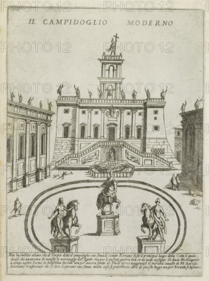 Il Campidoglio moderno, Capitol in Rome, Ornamenti di fabriche antichi et moderni dell' alma citta di Roma, Modern and ancient monuments and buildings in Rome, print, album page, View of the Capitoline Hill in Rome. Italian text in bottom margin. Print is part of an album., number: '49', printmaker: Giovanni Maggi, Rome, after drawing by Giovanni Maggi, publisher: Andrea Vaccari, Italy, grantor of privilege: Papal Court, Vatican City, dedicated by: Andrea Vaccari, dedicated to: Amerigo Capponi, 1576 - 1618, 1600, Giovanni Maggi, Andrea Vaccari, Papal Court, Amerigo Capponi, printmaker, after drawing by, publisher, grantor of privilege, paper, etching, height 215 mm x width 156 mm, This print is part of a series of 20 prints (title print)., church (exterior), obelisk, needle, Capitoline Hill, Piazza del Campidoglio, A detailed ink drawing of a formal square with a large central building featuring a stepped facade, balustraded terraces, and a tower topped by a statue holding a cross, fla...