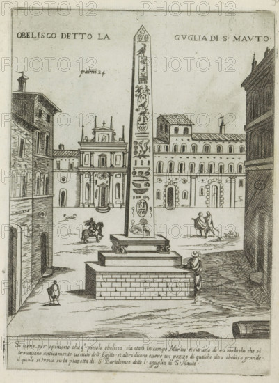 Obelisco detto la Guglia di S. Mauto, Obelisk in Rome, Modern and ancient monuments and buildings in Rome, Ornamenti di fabriche antichi et moderni dell' alma citta di Roma, print, album page, Egyptian obelisk in a square in front of a church in Rome. Text in Italian in the lower margin., number: '49', printmaker: Giovanni Maggi, Rome, after drawing by Giovanni Maggi, publisher: Andrea Vaccari, Italy, grantor of privilege: Papal Court, Vatican City, dedicated by: Andrea Vaccari, dedicated to: Amerigo Capponi, 1576 - 1618, 1600, Giovanni Maggi, Andrea Vaccari, Papal Court, Amerigo Capponi, printmaker, after drawing by, publisher, grantor of privilege, paper, etching, height 215 mm x width 156 mm, This print is part of a series of 20 prints (title print)., obelisk, needle, An etched scene shows a tall, narrow obelisk on a stepped rectangular base with carved decorative panels running vertically along its face; surrounding the obelisk are buildings with arched windows and doorways, one fa...