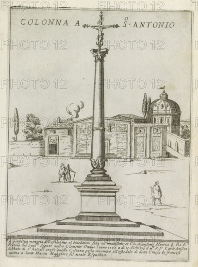 Column of Marcus Aurelius in Rome, Colonna a S. Antonio, Modern and ancient monuments and buildings in Rome, Ornamenti di fabriche antichi et moderni dell' alma citta di Roma, print, album page, In the background a church. Italian text in bottom margin. Print is part of an album., number: '50', printmaker: Giovanni Maggi, Rome, after drawing by Giovanni Maggi, publisher: Andrea Vaccari, Italy, grantor of privilege: Papal Court, Vatican City, dedicated by: Andrea Vaccari, dedicated to: Amerigo Capponi, 1576 - 1618, 1600, Giovanni Maggi, Andrea Vaccari, Papal Court, Amerigo Capponi, printmaker, after drawing by, publisher, grantor of privilege, paper, etching, height 215 mm x width 157 mm, This print is part of a series of 20 prints (title print)., triumphal column with helical friezes, Column of Mark Aurelius, A tall, ornate column stands on a stepped square base in the center of a plaza, topped by a decorative capital and a crucifix with a figure on it; behind the column is a low build...