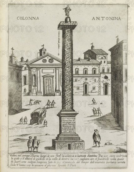 Colonna Antonina, Column of Antoninus Pius in Rome, Ornamenti di fabriche antichi et moderni dell' alma citta di Roma, Modern and ancient monuments and buildings in Rome, print, album page, View of the Campus Martius with the Column of Antoninus Pius. Text in Italian in the lower margin., number: '51', printmaker: Giovanni Maggi, Rome, after drawing by Giovanni Maggi, publisher: Andrea Vaccari, Italy, grantor of privilege: Papal Court, Vatican City, dedicated by: Andrea Vaccari, dedicated to: Amerigo Capponi, 1576 - 1618, 1600, Giovanni Maggi, Andrea Vaccari, Papal Court, Amerigo Capponi, printmaker, after drawing by, publisher, grantor of privilege, paper, etching, height 215 mm x width 156 mm, This print is part of a series of 20 prints (title print)., triumphal column with helical friezes, Campus Martius, Column of Antoninus Pius, A tall spiraled column topped with a statue stands centrally in a plaza flanked by classical buildings with pediments, columns, and arched windows; small ...