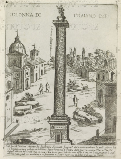 Colonna di Traiano imp., Column of Trajan in Rome, Ornamenti di fabriche antichi et moderni dell' alma citta di Roma, Modern and ancient monuments and buildings in Rome, print, album page, View of the Forum of Trajan in Rome, with the Column of Trajan. Text in Italian in the lower margin., number: '51', printmaker: Giovanni Maggi, Rome, after drawing by Giovanni Maggi, publisher: Andrea Vaccari, Italy, grantor of privilege: Papal Court, Vatican City, dedicated by: Andrea Vaccari, dedicated to: Amerigo Capponi, 1576 - 1618, 1600, Giovanni Maggi, Andrea Vaccari, Papal Court, Amerigo Capponi, printmaker, after drawing by, publisher, grantor of privilege, paper, etching, height 213 mm x width 156 mm, This print is part of a series of 20 prints (title print)., triumphal column with helical friezes, Trajan's Column, Trajan's Forum, A tall ornate column with a spiraling relief runs vertically through the center of the image, topped by a pedestal and a small statue of a robed figure holding an...