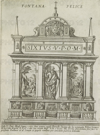 Fontana dell'Acqua Felice, Fontana Felice, Ornamenti di fabriche antichi et moderni dell' alma citta di Roma, Modern and ancient monuments and buildings in Rome, print, album page, Text in Italian below the image., number: '53', printmaker: Giovanni Maggi, Rome, publisher: Andrea Vaccari, Italy, grantor of privilege: Papal Court, Vatican City, dedicated to: Amerigo Capponi, 1576 - 1618, 1600, paper, etching, height 215 mm x width 159 mm, This print is part from a series of 20 prints (title print)., ornamental fountain, A tall architectural façade drawn in fine black lines on a light background featuring a central niche with a robed standing figure seen from behind, flanked by arched panels containing landscape scenes with trees and small human figures, all set within a classical arrangement of columns and pilasters topped by a broad entablature and a decorative pediment with a central cartouche flanked by small standing figures and surmounted by a rounded arch and a cross. The entablat...