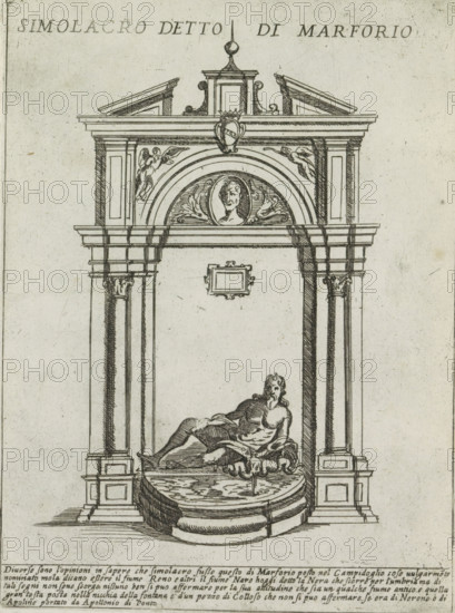Simolacro detto di Marforio, Fountain with the statue of Marforio, Ornamenti di fabriche antichi et moderni dell' alma citta di Roma, Modern and ancient monuments and buildings in Rome, print, album page, Sculpture of Marforio, one of the talking statues in Rome. Text in Italian below the image., number: '53', printmaker: Giovanni Maggi, Rome, after drawing by Giovanni Maggi, publisher: Andrea Vaccari, Italy, grantor of privilege: Papal Court, Vatican City, dedicated by: Andrea Vaccari, dedicated to: Amerigo Capponi, 1576 - 1618, 1600, Giovanni Maggi, Andrea Vaccari, Papal Court, Amerigo Capponi, printmaker, after drawing by, publisher, grantor of privilege, paper, etching, height 215 mm x width 159 mm, This print is part of a series of 20 prints (title print)., piece of sculpture, reproduction of a piece of sculpture, ornamental fountain, Forum Romanum, A black and white ink architectural engraving showing a classical archway with ornate columns and a pediment, a semicircular arch wit...