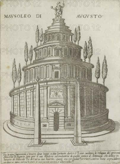 Mausoleum of Augustus in Rome, Mausoleo di Augusto, Modern and ancient monuments and buildings in Rome, Ornamenti di fabriche antichi et moderni dell' alma citta di Roma, print, album page, Text in Italian below the image., number: '54', printmaker: Giovanni Maggi, Rome, after drawing by Giovanni Maggi, publisher: Andrea Vaccari, Italy, grantor of privilege: Papal Court, Vatican City, dedicated by: Andrea Vaccari, dedicated to: Amerigo Capponi, 1576 - 1618, 1600, Giovanni Maggi, Andrea Vaccari, Papal Court, Amerigo Capponi, printmaker, after drawing by, publisher, grantor of privilege, paper, etching, height 216 mm x width 157 mm, This print is part from a series of 20 prints (title print)., mausoleum, Mausoleum of Augustus, A detailed ink drawing of a multi-tiered round structure with concentric circular platforms and columns, topped by a small statue of a robed figure holding a staff and a sphere; the tiers show architectural details such as pilasters, framed doorways, decorative pan...