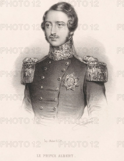 Portrait of Albert, Prince of Saxe-Coburg and Gotha, print, printmaker: Bernard Romain Julien, printer (person): Aubert & Cie., Paris, 1840 - 1847, paper, lithography, lithografie, height 185 mm x width 152 mm, Person, Albert (Prince of Saxe-Coburg and Gotha), A monochrome portrait of a young man shown from the waist up wearing a decorated military-style uniform with a high embroidered collar and braided epaulettes on the shoulders; his hair is styled in smooth waves with sideburns and a mustache, his expression is neutral as he gazes slightly to the side, and a star-shaped medal is pinned to the left side of his chest.