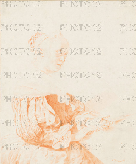 Keyboard player, print, A woman, dressed in a gown with slit sleeves, at the keyboard. Only the red plate. The print lies loose in an album, see page 12., printmaker: Johannes Körnlein, after drawing by Jan de Bray (attributed to), after drawing by Gerrit Dou, supervision: Cornelis Ploos van Amstel, Amsterdam, 1767, Attributed to, paper, print drawing, etching, crayon manner, transfer print, etching in crayon manner and transfer print, proof print of the plate for the red part of the image, height 174 mm x width 146 mm, adult woman, keyboard instruments, A pale paper sheet with a red chalk drawing of a person shown from the torso upward, turned three quarters to the viewer, wearing a striped garment with voluminous sleeves and a gathered skirt, a ribbon or headband tied at the back of the head, delicate facial features sketched lightly, and hands extended forward with one hand holding a thin rod or stick.