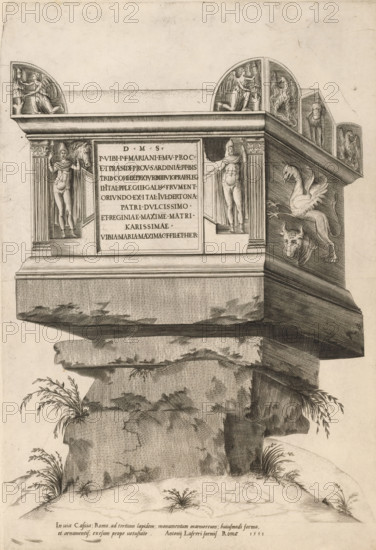Tomb monument on the Via Cassia, Speculum Romanae Magnificentiae, print, album page, Roman tomb monument for Publius Vibius Marianus, also known as the Tomb of Nero, on the Via Cassia in Rome. A sarcophagus on a stack of large marble blocks. Print is part of an album., number: '76', number: '1', printmaker, publisher, Rome, Italy, paper, engraving, intaglio printmaking technique, height 455 mm x width 305 mm, This print belongs to the print corpus known as the 'Speculum Romanae Magnificentiae' ('Mirror of Roman Splendor'). This corpus, consisting of prints depicting artworks and buildings from ancient and modern Rome, originated with publishers Antonio Salamanca and Antonio Lafreri. These two foreign publishers joined forces in Rome during the period 1553–1563. Their prints soon became immensely popular among tourists and collectors, who purchased the prints individually or in large groups. Large groups of Speculum prints were often bound together in albums upon request. Several Specul...