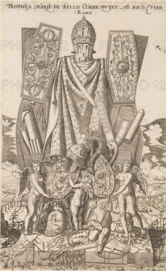 Trophy of Marius, Trophea Marii de bello Cymbr. putat. ab aed. D. Euseb. Romae, Speculum Romanae Magnificentiae, print, album page, Trophy of the Roman army commander Marius on the Capitol in Rome. Print is part of an album., number: '...', number: '72', number: '80', inscription: '... lib. full. 23. fol. 396 ...lib. full. 10. fol. 14...lib. full. 6. ... 2. vol. 119.lib. full. 21. fol. 463. 464.', printmaker, Italy, paper, engraving, intaglio printmaking technique, height 383 mm x width 240 mm, This print belongs to the print corpus known as the 'Speculum Romanae Magnificentiae' ('Mirror of Roman Splendor'). This corpus, consisting of prints depicting artworks and buildings from ancient and modern Rome, originated with publishers Antonio Salamanca and Antonio Lafreri. These two foreign publishers joined forces in Rome during the period 1553–1563. Their prints quickly became immensely popular among tourists and collectors, who purchased the prints individually or in large groups. Large ...
