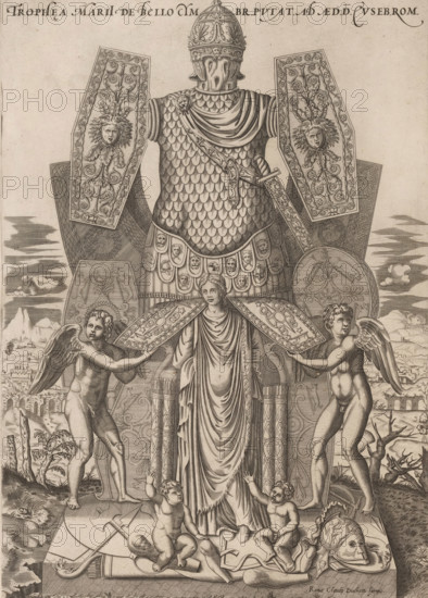 Trophea Marii de bello Cymbr. putat. ab aed. D. Euseb. Rom., Trophy of Marius, Speculum Romanae Magnificentiae, print, album page, Trophy of the Roman military commander Marius on the Capitoline Hill in Rome. Print is part of an album., inscription: '... lib. vol. 18. fol. 25. ... lib. vol. 10. fol. 14 ... lib. vol. 6. ... 2. vol. 118. lib. vol. 21. fol. 463. 464.', number: '81', number: '2', number: '72', printmaker, publisher, Rome, Italy, paper, engraving, intaglio printmaking technique, height 383 mm x width 265 mm, This print belongs to the print corpus known as the 'Speculum Romanae Magnificentiae' ('Mirror of Roman Splendor'). This corpus, consisting of prints depicting artworks and buildings from ancient and modern Rome, originated with publishers Antonio Salamanca and Antonio Lafreri. These two foreign publishers joined forces in Rome during the period 1553–1563. Their prints quickly became immensely popular among tourists and collectors, who purchased the prints individually ...