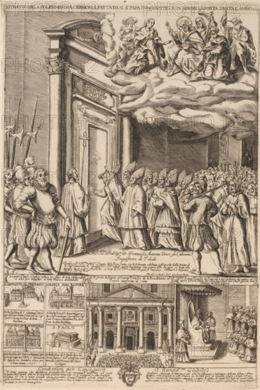 Record of the solemn ceremony done by Pope Innocent X opening the Holy Door in the year 1650, Innocent X opens the Holy Door, print, album page, Pope Innocent X opens the Holy Door in St. Peter's Basilica on the occasion of the opening of the Holy Year 1650. Print is part of an album., inscription: '... lib. vol. 23. fol. 16 ... lib. vol. 21. fol. 13.', number: '127', number: '1', number: '83', printmaker: Monogrammist FS (17th century), after design by Rutilius Dandinus, publisher: Giovanni Giacomo de' Rossi, Rome, dedicated by: Giovanni Giacomo de' Rossi, dedicated to: Francisco Antonio Díez de Cabrera, c. 1650, Monogrammist FS (17th century), Rutilius Dandinus, Giovanni Giacomo de' Rossi, Francisco Antonio Díez de Cabrera, printmaker, after design by, publisher, paper, engraving, intaglio printmaking technique, height 434 mm x width 288 mm, Person, Innocentius (non-narrative representations), Vatican City, St. Peter's Basilica, St. Paul Outside the Walls, St. John Lateran, Santa Mar...