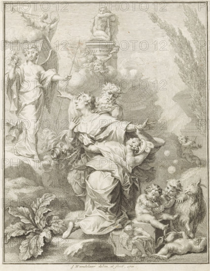 Allegorical representation with Telemachus, Title page front: François Fénelon and Sybrand Feitama, Telemachus, 1733, print, title page, Telemachus looks up longingly at a winged figure, which an old man points out to him. He is restrained by a woman, with an incense burner in her hands. In the background, near a monument, a lion with bundled arrows, Poetry, and a female figure pointing at a book. In the upper left, Fame blows the trumpet, in her hands a symbol of eternity. On the right, a putto stabs himself through the heart with a dagger. In the foreground, putti blowing bubbles near a goat., printmaker: Jan Wandelaar, publisher: Pieter Visser, Amsterdam, publisher: Adriaan Slaats, 1731, paper, etching, engraving, height 181 mm x width 142 mm, Title page front: Fénelon, François and Feitama, Sybrand. Telemachus. Amsterdam: Visser, Pieter, Slaats, Adriaan, 1733. Print originating from a scrapbook with title prints, ornaments, etc. on blue paper, disassembled in 1983. According to a n...