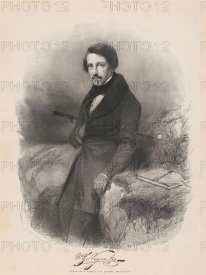 Portrait of Wijnand Nuijen, print, The sitter stands in the open air and leans against a rock. Under his right arm he holds a painter's stick, next to him lies a sketchbook., : '(The undersigned declare that this plate was printed at their lithographic printing house, The Hague June 20, 1839), S.deVisserenZoon', : 'The undersigned declare that this plate was published by them, 1839, JP Beekman Hzn', printmaker: Huib van Hove Bz, after painting by Keizer, printer (person): Salomon de Visser, The Hague, publisher: JP Beekman Hzn., Huib van Hove Bz, Keizer, Salomon de Visser, JP Beekman Hzn., printmaker, after painting by, printer (person), publisher, paper, lithography, lithografie, height 630 mm x width 493 mm, Person, Wijnand Nuijen, historical persons (three-quarter length portrait), painter making preliminary designs, sketching - CC - out of doors, A monochrome portrait shows a man standing and leaning against a textured rock surface, wearing a dark overcoat with a high collar and a ...