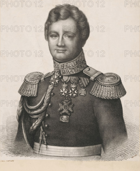 Portrait of Andries Jan Jacob des Tombe, print, The sitter wears a military uniform with insignia., printer (person): G. Schmitz, Maastricht, 1845, printmaker, printer (person), paper, chine collé, lithography, lithography on chine collé, proof print, height 545 mm x width 450 mm, In the lower right corner is a difficult-to-read signature of the printmaker or designer., Person, Andries Jan Jacob des Tombe, historical persons ((full) bust portrait), knighthood order, A monochrome portrait of a person shown from the chest up wearing a formal military uniform with ornate braided shoulder epaulettes and a high embroidered collar, the face rendered with soft shading and short wavy hair, the uniform decorated with multiple medals and star-shaped insignia suspended from ribbons, a thick braided cord draped across one shoulder ending in tassels, and a broad textured sash at the waist against a plain, lightly textured background.