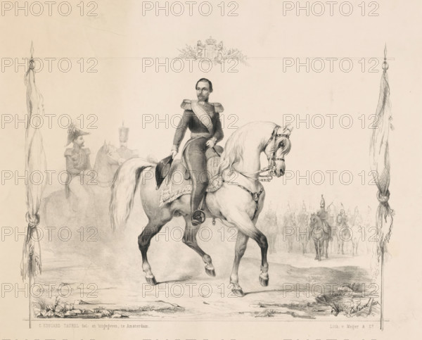 Equestrian portrait of King William III, print, Behind the king stands the cavalry., : 'These plates were printed at the lithographic printing house of the undersigned, Amsterdam on June 8, 1849', : 'Presented to the Municipal Government of Amsterdam, by the undersigned as publisher of this work, in compliance with art:6 of the law of January 25, 1817., Amsterdam June 8, 1849, CE Taurel', : 'Filed.', printmaker: Edouard Taurel, Amsterdam, printer (person): Meyer & Comp., printer (person), paper, lithography, lithografie, height 680 mm x width 500 mm, Person, William III (King of the Netherlands), land forces (cavalry, horsemen), equestrian state-portrait, A detailed pencil drawing of a man in a military uniform riding a large horse, the rider wearing a sash across his chest and holding a hat in one hand while the horse is adorned with a decorative bridle and saddle; behind them a formation of mounted soldiers is sketched in lighter lines and to the left a second rider with a plumed hat...