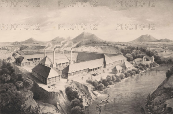 View of the sugar factory in Serpong, La fabrique de sucre, située dans le domaine de Serpon, érigée par mr. JJ van Braam. Ile de Java, Vues de Java, print, album page, The sugar factory in Serpong (West Java) seen from above. The factory is situated by a river, with mountains in the background. Print is part of an album containing a series of six lithographs of views of Java and a title print., printmaker: Willem Jan Gordon, after design by Adrianus Johannes Bik, printer (person): Hilmar Johannes Backer, Dordrecht, publisher: Buffa en Zonen, Frans, Amsterdam, publisher: Goupil, Vibert & Cie., Paris, publisher: Ackermann & Co., London, commissioner (person who orders works): Jan Jacob van Braam, 1842, printer (person), commissioner (person who orders works), paper, lithography, height 693 mm x width 504 mm, Print is part of a series of six., factory in landscape, sugar, Java, West-Java, A wide riverside scene rendered in monochrome shows a complex of long, pitched-roof buildings arrang...