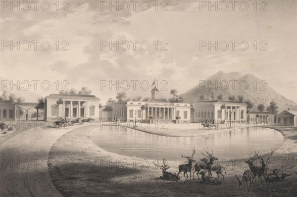 View of the palace at Buitenzorg, Vue du palais de Buitenzorg. Ile de Java, Vues de Java, print, album page, The palace in the Botanical Garden at Buitenzorg (West Java) with a group of deer in the foreground. Print is part of an album containing a series of six lithographs of views of Java and a title print., printmaker: Willem Jan Gordon, after design by Reijgers, printer (person): Hilmar Johannes Backer, Dordrecht, publisher: Buffa en Zonen, Frans, Amsterdam, publisher: Goupil, Vibert & Cie., Paris, publisher: Ackermann & Co., London, commissioner (person who orders works): Jan Jacob van Braam, 1842, printer (person), commissioner (person who orders works), paper, lithography, height 695 mm x width 501 mm, Print is part of a series of six., rural housing, eg country-house, villa, cottage, Java, Buitenzorg (West Java), West Java, A wide vista shows a classical building complex with columns and a central structure topped by a small dome and flag, set behind a curved reflective pond. I...
