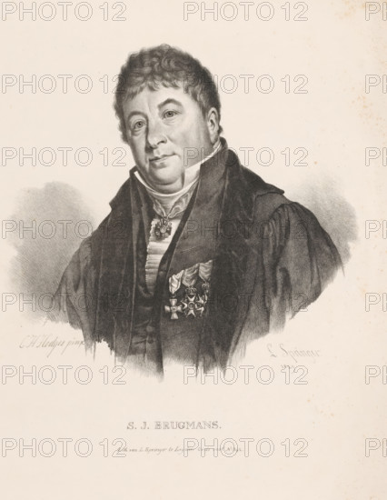 Portrait of Sebald Justinus Brugmans, print, The sitter wears four knightly orders., printmaker: Leendert Springer (I), Leiden, after painting by Charles Howard Hodges, 1829, printer (person), paper, lithography, height 485 mm x width 345 mm, Person, Sebald Justinus Brugmans, historical persons ((full) bust portrait), knighthood order, A monochrome portrait of a middle-aged man shown from the chest up, facing slightly to viewer's left, with short curly hair and a round face, wearing a high-collared shirt and a dark formal coat with a draped outer garment; a decorative medallion hangs at his neck and several ornate medals are pinned to his chest; the shading is rendered in detailed pencil or charcoal with soft shadows around the shoulders and a plain light background.