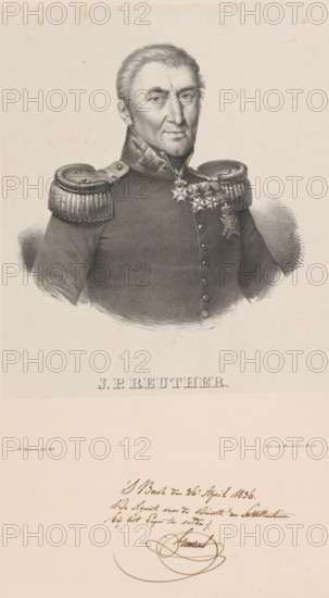 Portrait of Jan Pieter Reuther, print, The sitter wears a military uniform with epaulets and knighthood orders., inscription: 's Bosch, April 26, 1836, The agent for military service, in the field army', printmaker: Michel Mourot, Den Bosch, 1835, printer (person), paper, chine collé, lithography, lithography on chine collé, height 555 mm x width 38 mm, Person, Jan Pieter Reuther, historical persons ((full) bust portrait), knighthood order, A monochrome portrait of a man from the chest up wearing a dark military coat with ornate braided epaulettes and decorative medals on his chest, showing a high collar with patterned trim; the man has short, swept-back hair, prominent eyebrows, and a composed facial expression with visible shading and fine linework; the image has a pale background with subtle paper texture and small specks, and below the portrait there is a lighter area of the page with a flowing handwritten element near the bottom.