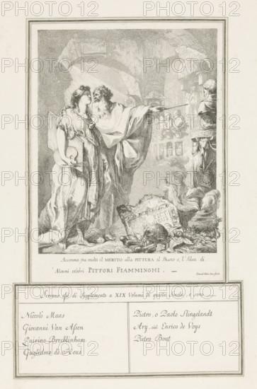 Allegory with personifications of Painting (Pittura) and Merit (Merito), print, Allegory with personifications of Painting (Pittura) and Merit (Merito) amidst ancient ruins, portrait busts, and urns. Merito points out an ancient bust to Pittura. Before them lie ancient architectural fragments, an incense burner, a skull, and bones. The etching is mounted on an album page featuring (presumably by the artist himself) a pen-written table of contents of a print album containing works by and after Flemish and Dutch painters, including Nicolaas Maas, Willem de Heus, Pieter van Slingeland, Pieter Bout, and others., printmaker: Giovanni David, Italy, commissioner (person who orders works): Giacomo Durazzo (possibly), c. 1774 - c. 1776, commissioner (person who orders works), paper, etching, mounted on an album page with pasted edges and inscriptions in pen (presumably by the artist), height 308 mm x width 230 mm, height 650 mm x width 500 mm, The print was presumably commissioned by Giacomo Du...