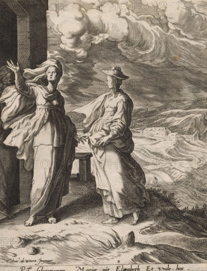 Visitation, Scenes from the life of Christ, print, album page, Series number, 2, 13, This print is part of an album., printmaker: attributed to Isaac Duchemin, after design by Adriaan de Weerdt, Brussels, 1573, Attributed to, paper, engraving, gravure, height 257 mm x width 203 mm, Visitation (possibly Joseph and, or Zacharias present) (Luke 1:39-56), A monochrome engraving showing two standing female figures on a rocky foreground, both wearing flowing draped garments and head coverings, one figure on the left with an arm raised and drapery billowing and the other figure on the right with hands near her abdomen and wearing a brimmed hat, a carved column or architectural element at the left edge, a wide sky filled with swirling clouds above, a winding river or shoreline and distant buildings in the middle ground, textured landscape and vegetation on the ground, and small scattered stones near the feet of the figures.