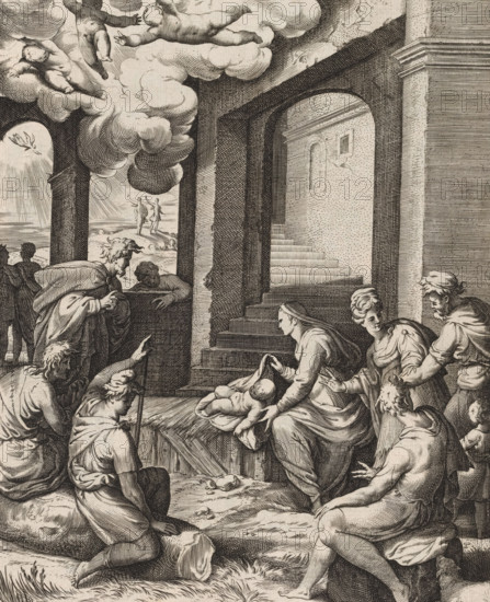 Adoration of the Shepherds, Scenes from the Life of Christ, print, album page, Series number, 3, 13, This print is part of an album., printmaker: attributed to Isaac Duchemin, after design by Adriaan de Weerdt, Brussels, 1573, Attributed to, paper, engraving, gravure, proof, height 266 mm x width 218 mm, adoration of the Christ-child by the shepherds, Mary and Joseph present, A detailed monochrome engraving shows a group of people gathered inside a classical architectural space with large arches and steps leading upward. Several figures are seated or kneeling on the ground, wearing draped garments, with one central seated woman holding an infant wrapped in cloth while another woman reaches toward the child. Other adults around them gesture or look on, some leaning on or pointing from a nearby balustrade. Above, clouds fill the upper left, and cherubic infants float within the clouds. Through an archway in the distance two small standing figures appear on a shoreline under radiant light...
