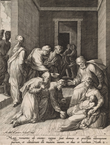 The Adoration of the Magi, Scenes from the Life of Christ, print, album page, Series number, 4, 13, This print is part of an album., printmaker: attributed to Isaac Duchemin, after design by Adriaan de Weerdt, Brussels, 1573, Attributed to, paper, engraving, gravure, height 266 mm x width 220 mm, adoration of the kings: the Wise Men present their gifts to the Christ-child (gold, frankincense and myrrh), A group of robed figures gathered inside a room with paneled walls and a recessed doorway, several people kneeling and reaching toward a seated woman who holds a small child on her lap; one figure leans forward offering a shallow dish while another stands behind with an arm extended, and additional figures stand or kneel in the background and at the room entrance where light and clouds are visible through an opening at the far left.