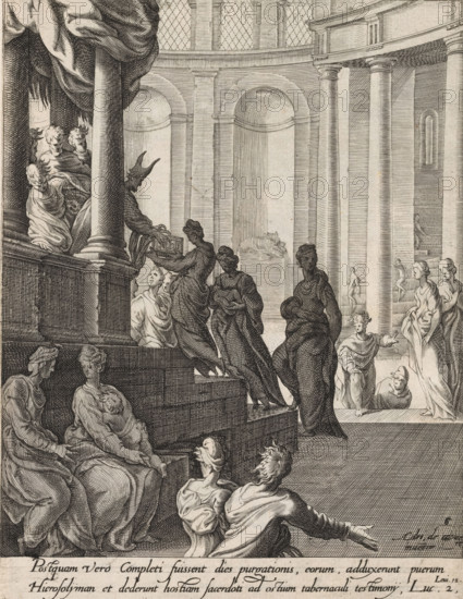 Purification of Mary, Scenes from the Life of Christ, print, album page, Series number, 6, 13, This print is part of an album., printmaker: attributed to Isaac Duchemin, after design by Adriaan de Weerdt, Brussels, 1573, Attributed to, paper, engraving, gravure, height 260 mm x width 210 mm, the offering of the doves, A monochrome engraving of an interior architectural scene with tall fluted columns and arched niches, a high coffered ceiling and a balustraded platform; on the platform a robed figure wearing a tall pointed hat stands beside a large column and presents a small object to a group of draped figures ascending stairs, some facing the presenter and others turned toward the viewer; seated and standing figures in flowing garments occupy the foreground, showing varied poses and gestures, with some heads turned upward and others bent forward; additional figures and a small fountain or basin appear in the distant background within the colonnaded space; the image is rendered with de...
