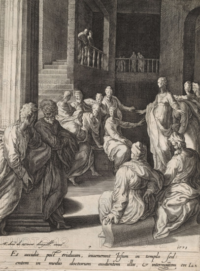 Christ among the scribes, Scenes from the life of Christ, print, album page, Series number, 7, 13, This print is part of an album., printmaker: attributed to Isaac Duchemin, after design by Adriaan de Weerdt, Brussels, 1573, Attributed to, paper, engraving, gravure, height 261 mm x width 199 mm, Christ's dispute with the doctors in the temple, he counts his arguments on his fingers, A monochrome engraving shows a group of robed figures gathered within an architectural interior characterized by columns, steps, and balustrades; several seated and standing figures form a semicircle, their draped garments rendered with fine crosshatching and flowing folds, with one standing figure on the right extending an arm toward a seated figure at center, while other figures lean, converse, or gesture; in the background a staircase rises beside a balcony where additional figures look down, and the scene is framed by tall walls and archways with detailed linear texture.