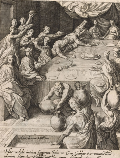 Wedding at Cana, Scenes from the life of Christ, print, album page, Series number, 8, 13, This print is part of an album., printmaker: attributed to Isaac Duchemin, after design by Adriaan de Weerdt, Brussels, 1573, Attributed to, paper, engraving, gravure, height 262 mm x width 201 mm, Christ orders (six) jars to be filled with water, marriage-feast at Cana, A densely hatched black and white engraving shows a crowded banquet scene with figures gathered around a long table covered by a cloth, plates and platters with food, and cups scattered on its surface. People in flowing drapery sit and kneel at the table, some reaching toward dishes while others hold large round jugs or pour from them. A group at one end presents plates toward the table, one person lifting a covered dish above their head. A heavy drapery hangs in the background above the seated figures. The floor has a patterned surface with a recessed rectangular area. The figures display varied postures and gestures, and the ima...