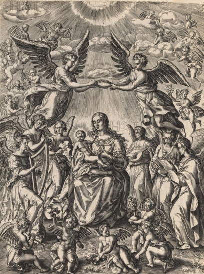 Enthroned Mary with the Christ Child, print, album page, Surrounded by musical angels. This print is part of an album., printmaker: Johannes Wierix, after design by Chrispijn van den Broeck (attributed to), 1566 - 1585, Attributed to, paper, engraving, etching, etching and engraving, height 251 mm x width 187 mm, crowning with laurel, musical instruments, group of musical instruments, Madonna: Mary sitting on the ground, the Christ-child in her lap (angels floating in the air), A detailed monochrome engraving showing a central seated woman holding a small child on her lap, surrounded by many winged figures and putti in flowing drapery. Two large angels above extend a circular wreath toward each other beneath radiating light and clouds. Several angels around the central figures play musical instruments such as a harp and a lute, while others hold books, vessels, or gesture with their hands. Smaller winged children sit and stand at the bottom, some holding objects and others in expressiv...