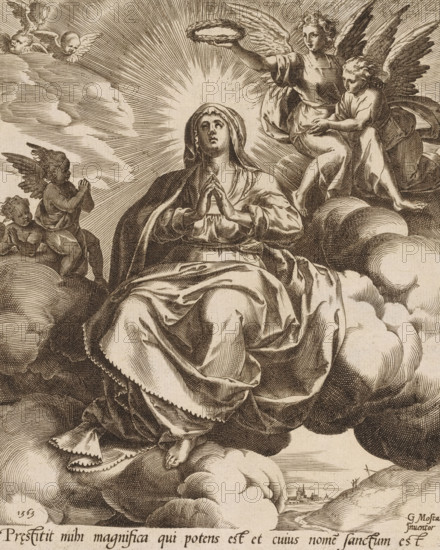 Coronation of Mary, print, album page, This print is part of an album., printmaker: Cornelis Cort, after design by Gillis Mostaert (I), 1563, paper, engraving, gravure, height 208 mm x width 168 mm, coronation of Mary by one or more angels, A sepia-toned engraving showing a robed woman seated on clouds with hands clasped in prayer and a radiant halo around her head, surrounded by winged angels and cherubs on clouds; one angel reaches above her holding a wreath while another angel nearby appears to support a smaller cherub, and additional cherubs hover and kneel on the surrounding clouds, with rays of light fanning out behind the central figure and a distant town visible below the clouds.
