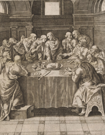 Last Supper, print, album page, This print is part of an album., printmaker, after print by, after design by, paper, engraving, height 265 mm x width 206 mm, Last Supper (in general) (Matthew 26:21-35, Mark 14:18-31, Luke 22:3, 22:15-23, John 13:21-38), A monochrome engraved scene shows a long table covered with a draped cloth and set with dishes, goblets, and a central platter holding a loaf. Around the table a group of men with flowing hair and beards sit and stand in animated poses, many wearing draped robes and tunics. One man at the center reaches toward the platter while others gesture with raised hands, turned heads, and leaning bodies; some look toward each other and some look toward the center figure. The room features paneled walls, pilasters, and a vaulted ceiling with an empty rectangular opening above the central figures. The foreground shows a patterned floor and a carved chair partially visible at the lower right, while shadows and fine line work render folds, facial fea...