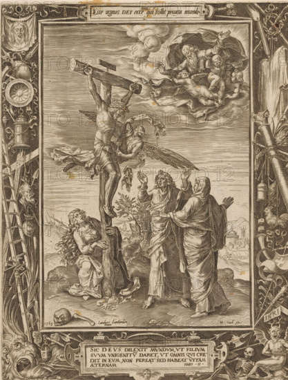 Crucifixion, print, album page, Christ hangs on the cross. An angel catches his blood in a chalice. In the upper right, God the Father with several angels. Standing before the cross are John the Evangelist and Mary. Mary Magdalene holds the cross. Around the image is an ornamental border with the instruments of the Passion. Above, a cartouche with a single-line text in Latin from John 1. Below, a cartouche with a four-line text in Latin from John 11. This print is part of an album., printmaker, after design by, publisher, Antwerp, Liège, Southern Netherlands, paper, engraving, height 249 mm x width 193 mm, crucified Christ, with particular persons under the cross, A detailed monochrome engraving framed by ornate borders shows a crucified figure with a crown of thorns and a cloth around the waist, arms outstretched and nailed to a cross, with an angel holding a cloth near the head; nearby three standing figures look upward with gestures of raised hands and expressive faces, one draped i...