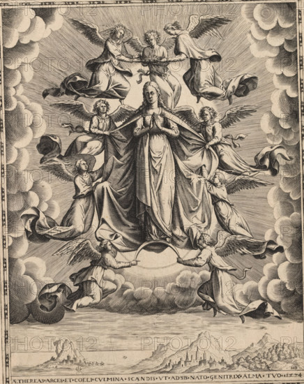 Coronation of Mary, print, album page, This print is part of an album., printmaker: Monogrammist HSD, Antwerp, 1574, paper, engraving, gravure, height 245 mm x width 194 mm, coronation of Mary by one or more angels, A monochrome engraved scene shows a robed female figure with hands clasped at the center, surrounded by multiple winged angels holding and arranging flowing drapery around her as they hover among stylized clouds and radiating lines; two angels kneel below presenting a curved object between them while additional small angels support the central figure’s garments and a trio of angels above holds a garland; the composition is framed by a decorative border and beneath the celestial scene there is a distant landscape of mountains and a walled town along a shoreline.