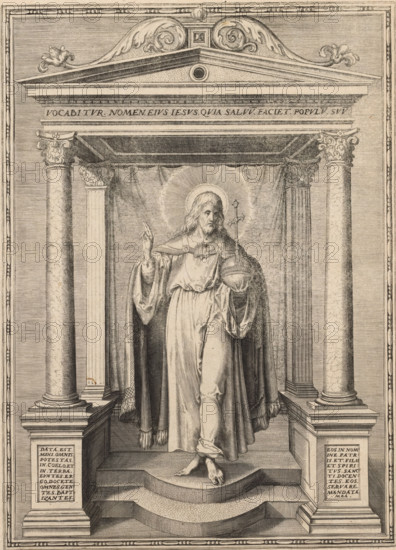 Christ as Salvator Mundi, print, album page, This print is part of an album., c. 1560 - c. 1573, printmaker, paper, engraving, height 260 mm x width 189 mm, 'Salvator Mundi', making a blessing gesture, an orb in his hand or at his feet, A monochrome engraved scene shows a robed standing figure with long hair and a halo, raising one hand in a gesture while holding an orb topped with a cross in the other; the figure stands barefoot on stepped architecture framed by paired fluted and ornamented columns supporting a pediment with decorative scrollwork above, and draped fabric behind the figure creating a backdrop; the composition is bordered by an inner frame and ornamental molding, with rectangular plaques inset on the lower blocks of the columns and finely crosshatched shading throughout the image.