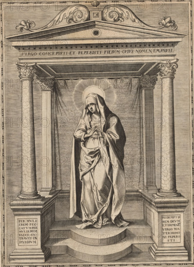 Maria, print, album page, Mary standing in a temple of four columns. This print is part of an album., c. 1560 - c. 1573, printmaker, paper, engraving, height 254 mm x width 185 mm, upright figures of Mary without the Christ-child, A monochrome engraved scene shows a robed female figure standing on a stepped platform within a small classical porch formed by fluted columns with ornate capitals and a decorated entablature and pediment above. The figure is draped in long flowing garments and a veil, with hands held together near the chest and a circular halo radiating lines behind the head. Behind her hangs a curtain with subtle patterning, and the architectural setting includes plinths, cornices, and decorative moldings with carved floral and scroll motifs. The overall image is detailed with fine line work and shading emphasizing folds in the fabric, column textures, and the three-dimensional structure of the steps and surrounding architecture.