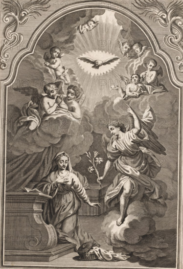 Annunciation, print, album page, This print is part of an album., c. 1600 - c. 1699, printmaker, paper, engraving, pasted on album page, height 273 mm x width 188 mm, the Annunciation: Mary kneeling, A sepia-toned engraving shows a scene framed by an ornate arched border with scrollwork at the top corners. A radiant dove surrounded by rays appears near the top center, partially enclosed by cloud formations. Multiple cherubic figures with small wings emerge from the clouds around the central light, some clustered together and some looking downward. Below them, an angel with flowing robes and large wings descends or gestures toward a standing woman, offering a stem with blossoms. The woman stands beside an architectural pulpit or lectern, one hand near her chest and the other extended toward the angel, her head veiled and eyes lowered. Swirling drapery and layers of clouds fill the space, and a small open book or object rests on the pulpit while fabric and a basket lie on the floor nearb...