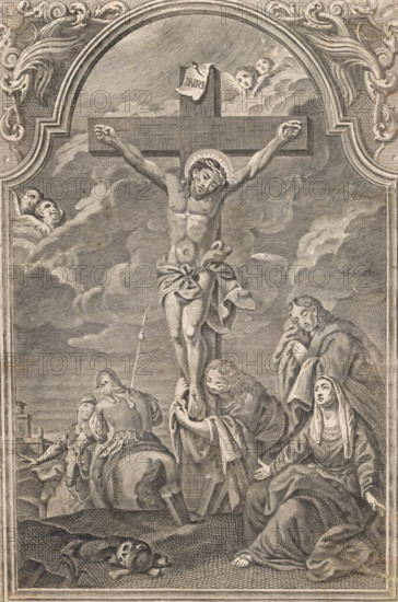 Crucifixion, print, album page, This print is part of an album., c. 1600 - c. 1699, printmaker, paper, engraving, pasted on album page, height 273 mm x width 184 mm, crucified Christ, with particular persons under the cross, A monochrome engraving shows a central figure suspended on a wooden cross with a cloth around the waist and a halo behind the head, arms outstretched and head bowed; a small sign is affixed above the cross. Surrounding the cross are clouds and cherubic faces peeking from the sky, ornate architectural frame elements at the top, and several figures at the base including a person kneeling and holding the central figure’s feet, a seated woman with an upturned face and draped garments, another standing sorrowful figure with a hand near the cheek, and armored soldiers with helmets and a horse. In the foreground on the ground lie a skull and other bones. The scene is composed of finely engraved lines and crosshatching that define form and shading.