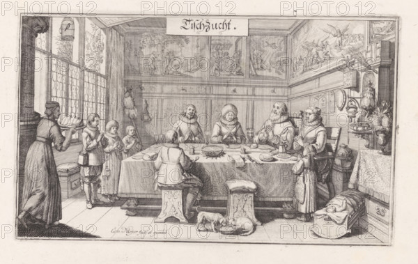Tischzucht, Dietrich Meyer's family at the table, print, The family of Dietrich Meyer (the artist's father and teacher) in prayer at the table. Three children stand to the left of the table, on the right a child in a cradle. Stained-glass windows on the left, depictions of biblical scenes on the walls. On the right a clock and a bundle of branches (scourge)., printmaker: Conrad Meyer, Zurich (city), c. 1645, paper, etching, height 147 mm x width 242 mm, family life at home, dining-room, (family) meal, prayer at table, saying grace, parents with their children, picture within picture, clock, An interior scene shows a long rectangular room with wooden paneling and painted panels on the upper walls, a large window with leaded panes and a hanging birdcage on one side, and decorative objects and shelves on the opposite wall; a table covered with a cloth occupies the center with plates, bowls, utensils, a central serving dish, and cups placed on it, surrounded by seated and standing figures ...