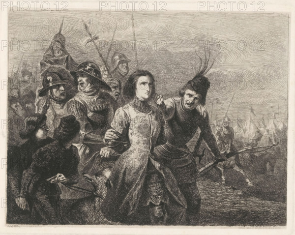 Joan of Arc captured, 1430, print, Joan of Arc captured by the Burgundians on May 23, near Compiègne., printmaker: Adolphe Alexandre Dillens, Belgium, printer (person): Segers & Bouwens, Brussels, 1831 - 1877, printer (person), paper, chine collé, etching, height 182 mm x width 235 mm, Person, Jeanne d' Arc, prisoner of war (after the battle), Compiègne, Period, 1430-05-23, A densely hatched black and white etching shows a group of figures in period dress clustered in the foreground, with several wearing helmets and hats and one wearing a fur cap with a plume; a central young figure in a patterned garment stands with a composed expression while others around them display varied facial features and gestures; long spears rise behind the group and tents and mounted figures are visible further back; the background is filled with swirling, textured lines suggesting a cloudy sky.