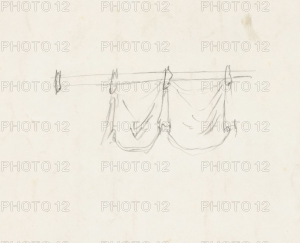 Detail of a curtain, drawing, draftsman (artist): anonymous, c. 1886 - c. 1899, draftsman (artist), paper, pencil, height 359 mm x width 273 mm, hangings and drapery, A pale, textured sheet with faint pencil sketches near the top shows a horizontal line across the page with several vertical posts intersecting it and loosely draped curved lines hanging between the posts, drawn in light, sketchy strokes on a mostly blank, slightly stained background.