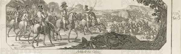 Battle of Kulm, 1813, Schlacht bei Culm, print, August 30, between the French and the Allies. Small representation, possibly originally part of a larger whole., 1813 - 1850, printmaker, paper, etching, height 64 mm x width 196 mm, battle (land forces), Sixth Coalition War, Period, 1813-08-30, A wide monochrome engraving shows a battlefield scene with mounted officers in uniform gathered on the left, their horses depicted in various poses and some riders holding sabers or reins. In the foreground right, a large tangled mass of fallen men and horses lies on the ground, rendered with dense crosshatching. Behind the mounted group, ranks of infantry and cavalry advance across rolling terrain, with smoke or cloud-like engraving marks rising above them. Trees frame the right edge and distant hills appear on the horizon, while the sky area is left mostly blank.