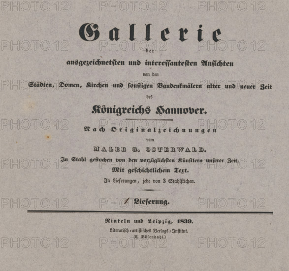 Cover with three prints of places and buildings in the Kingdom of Hannover, Gallery of historical and interesting views of the towns, cathedrals, churches and sons of Baudensmälern alter und neuer Zeit des Königreichs Hannover, wrapper, Cover with three prints., publisher: Bösendahl, C., Leipzig, 1839, Saxony, paper, letterpress printing, height 234 mm x width 285 mm, A sheet of aged paper with a vertical layout showing multiple lines of black ornate printed text in different decorative fonts varying in size and weight, centered across the page; the paper surface has a grainy texture with small speckles and faint stains, and there are thin horizontal rules separating sections of the page.