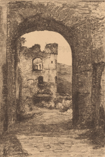 Rheinfels, View through a gate of the ruins of Rheinfels Castle, print, printmaker: Cornelia Christina Johanna van Trigt-Hoevenaar (signed by artist), 1864 - 1909, paper, lithography, lithografie, height 480 mm x width 321 mm, ruin of a dwelling, house, castle, Rhineland-Palatinate, Rheinfels Castle, A monochrome drawing shows a rough stone archway framing a view of an old ruined structure beyond. The arch has textured, worn surfaces and casts shadow along its inner curve. Through the arch, remnants of a building with uneven walls and arched openings are visible, including a taller section with a window-like opening and another lower opening beside it. The ground inside and outside the arch appears irregular and strewn with rubble and vegetation. The sky beyond the ruins is a pale, even tone contrasting with the darker, heavily shaded stonework. The overall image has a grainy, sketch-like quality with varied pencil or charcoal strokes emphasizing texture.